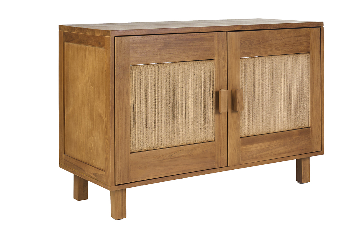 Mobile da bagno in legno massiccio di teak con ante in corda intrecciata, vista tre quarti
