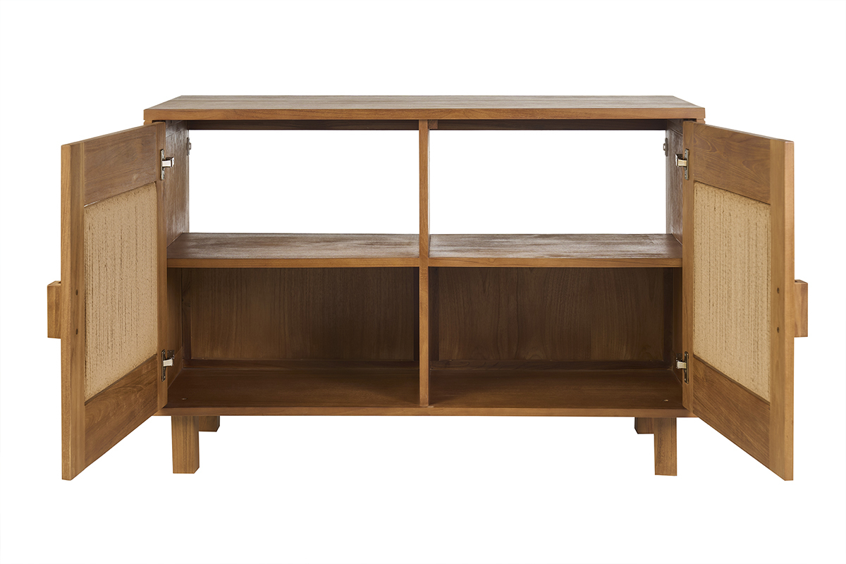 Mobile da bagno in legno massello di teak e corda intrecciata, vista frontale con porte aperte