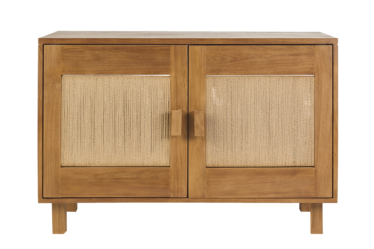 Mobile da bagno in legno massello di teak e corda intrecciata, vista frontale.