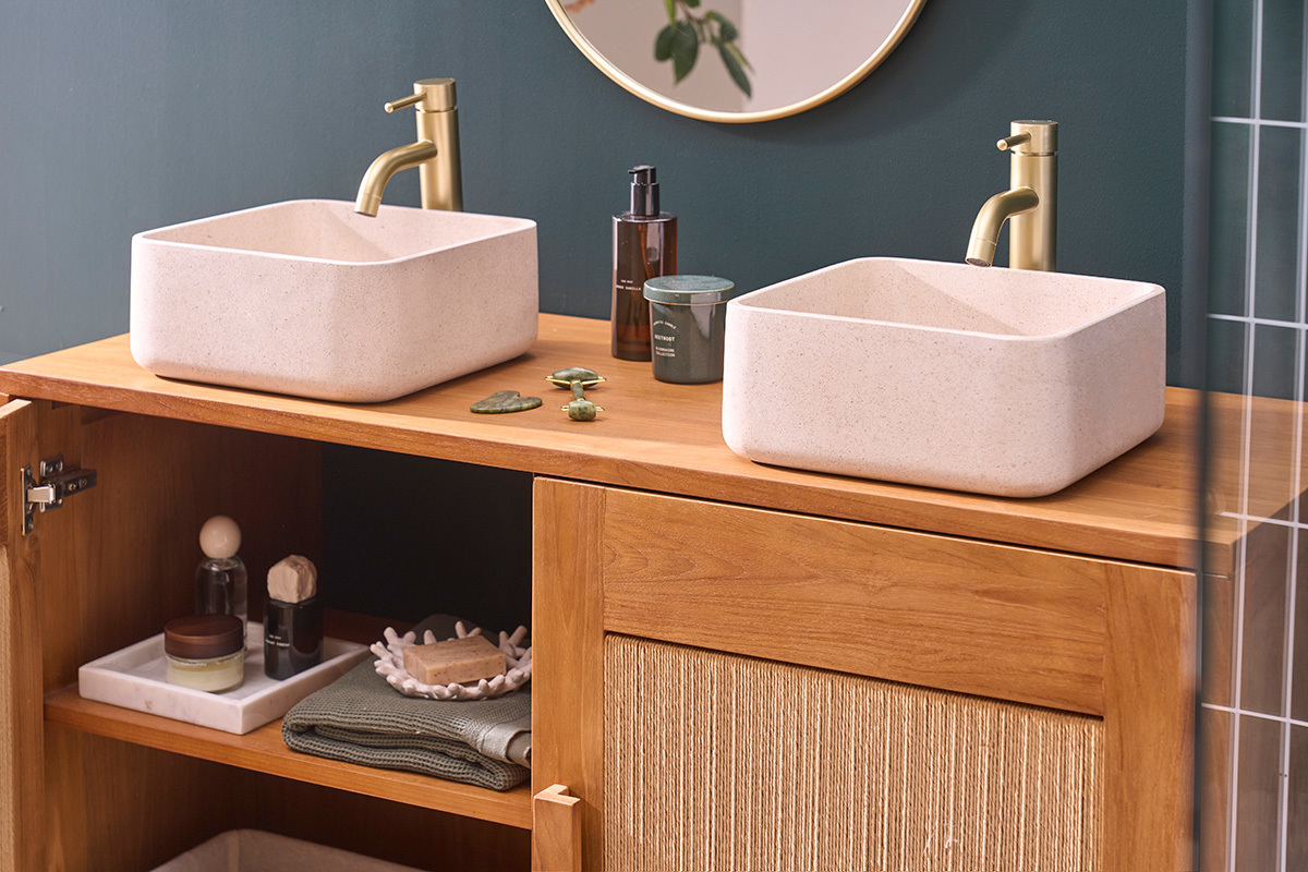 Mobile da bagno in legno massello di teak e corda intrecciata L120 cm MOSSA