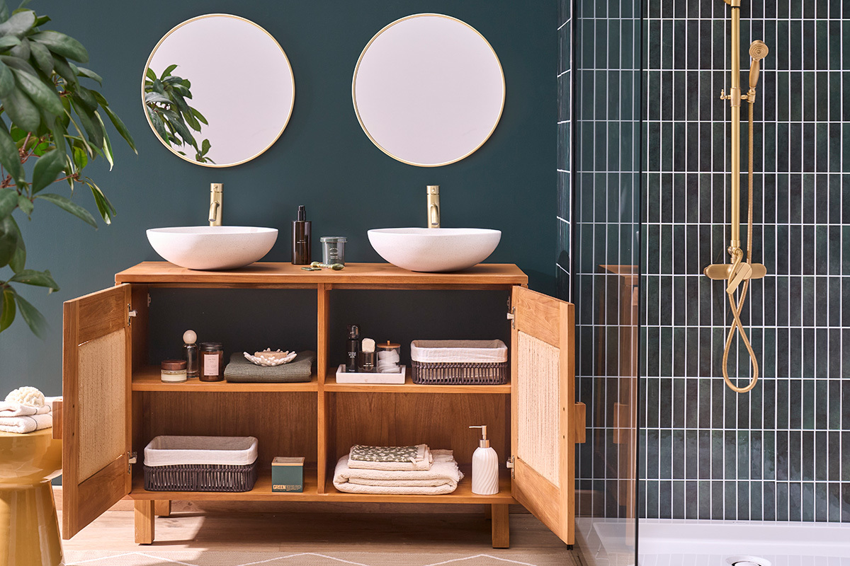 Mobile da bagno in legno massello di teak e corda intrecciata L120 cm MOSSA