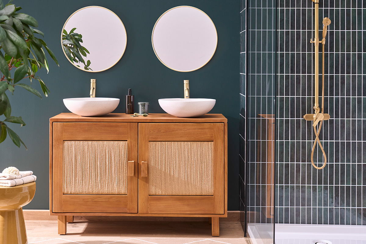 Mobile da bagno in legno massello di teak e corda intrecciata L120 cm MOSSA