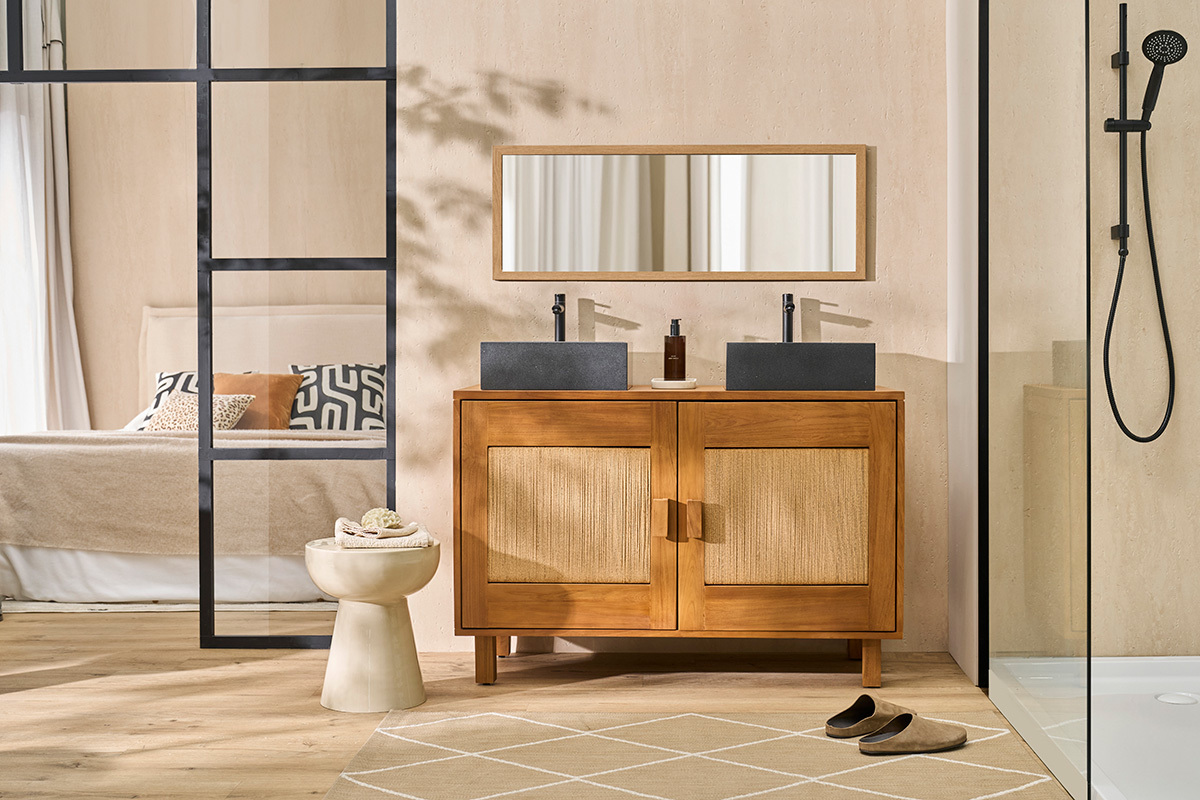 Mobile da bagno in legno massello di teak e corda intrecciata L120 cm MOSSA