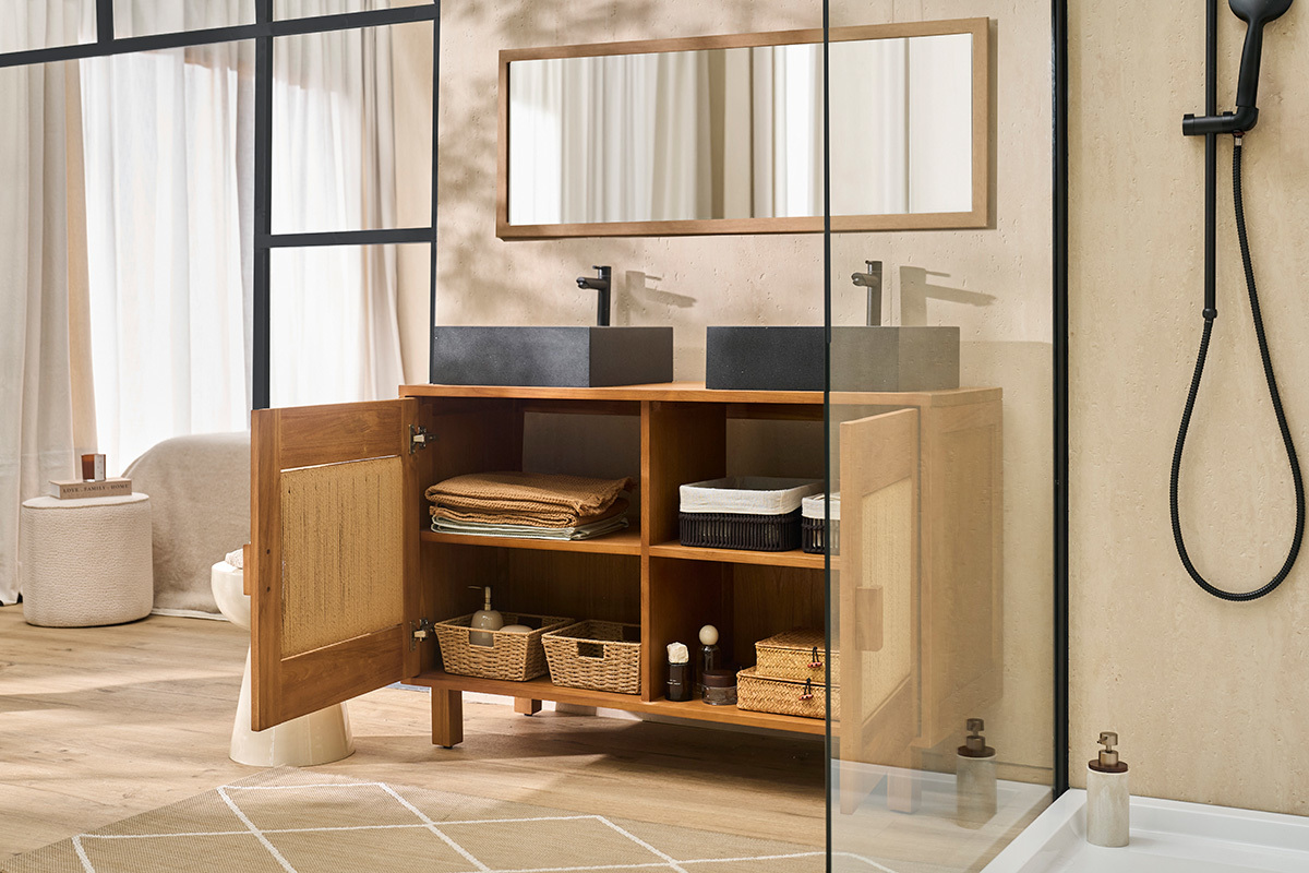 Mobile da bagno in legno massello di teak e corda intrecciata L120 cm MOSSA