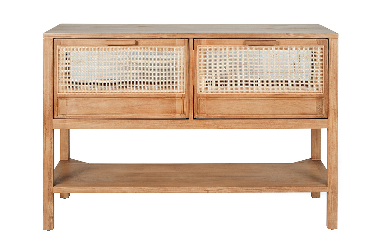 Mobile da bagno RIVO in legno massello di teak e intreccio in rattan, vista frontale.