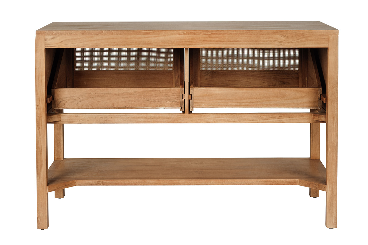 Mobile da bagno in legno di teak massiccio e intreccio in rattan, vista posteriore, con cassetti aperti.
