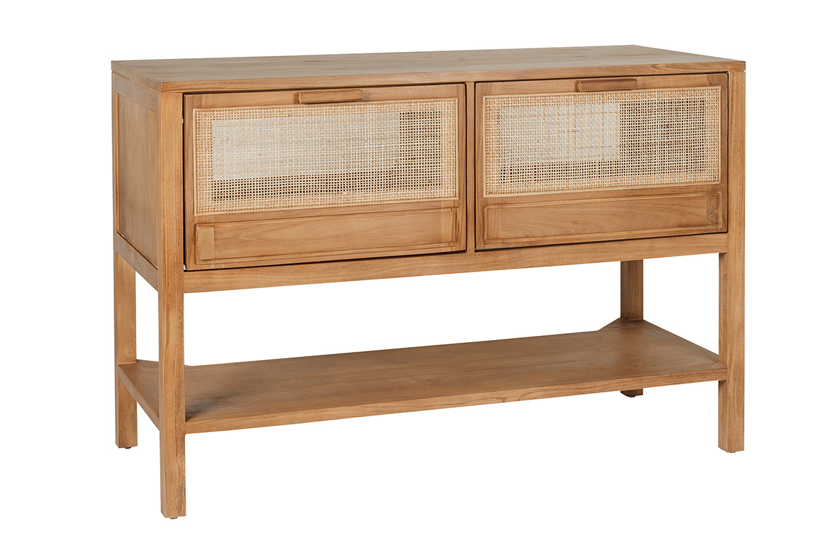 Mobile da bagno RIVO in teak massello e cannage in rattan, vista a 3/4, con cassetti e ripiano.