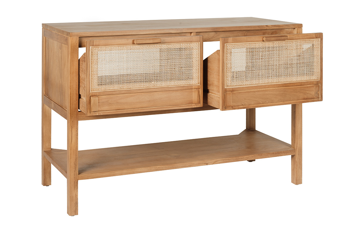 Mobile da bagno in legno massello di teak e intreccio in rattan, vista a 3/4, con cassetti aperti.