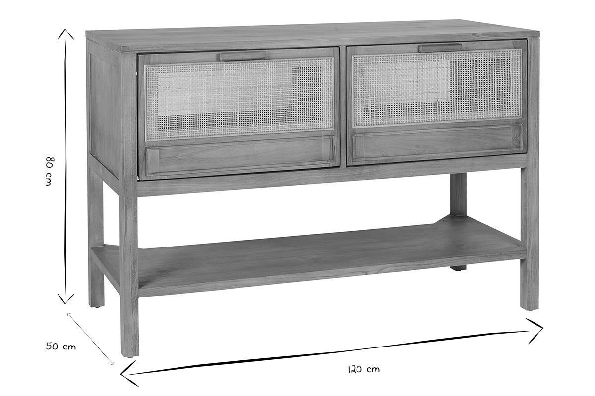 Dimensioni del mobile da bagno in teak e cannage in rattan: L120 cm, H80 cm, P50 cm in nero e bianco.