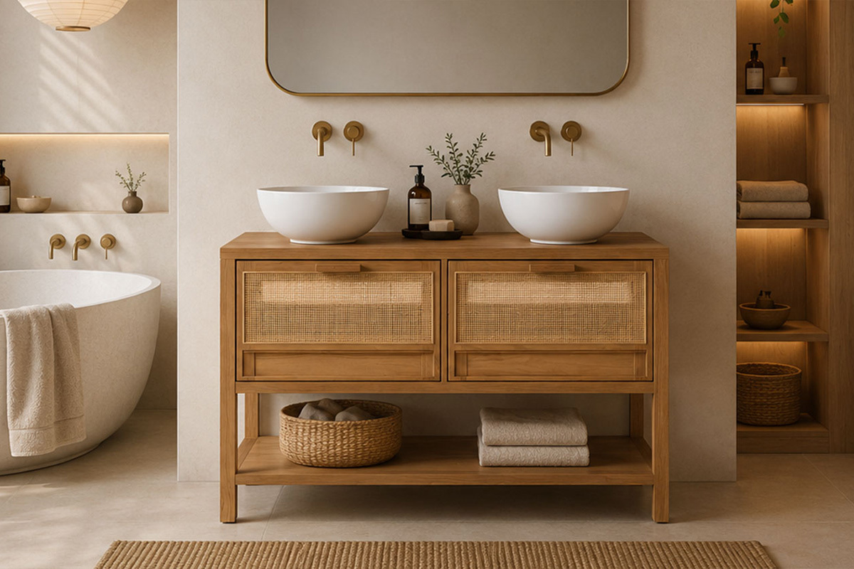 Mobile da bagno in legno massello di teak e intreccio in rattan L120 cm RIVO