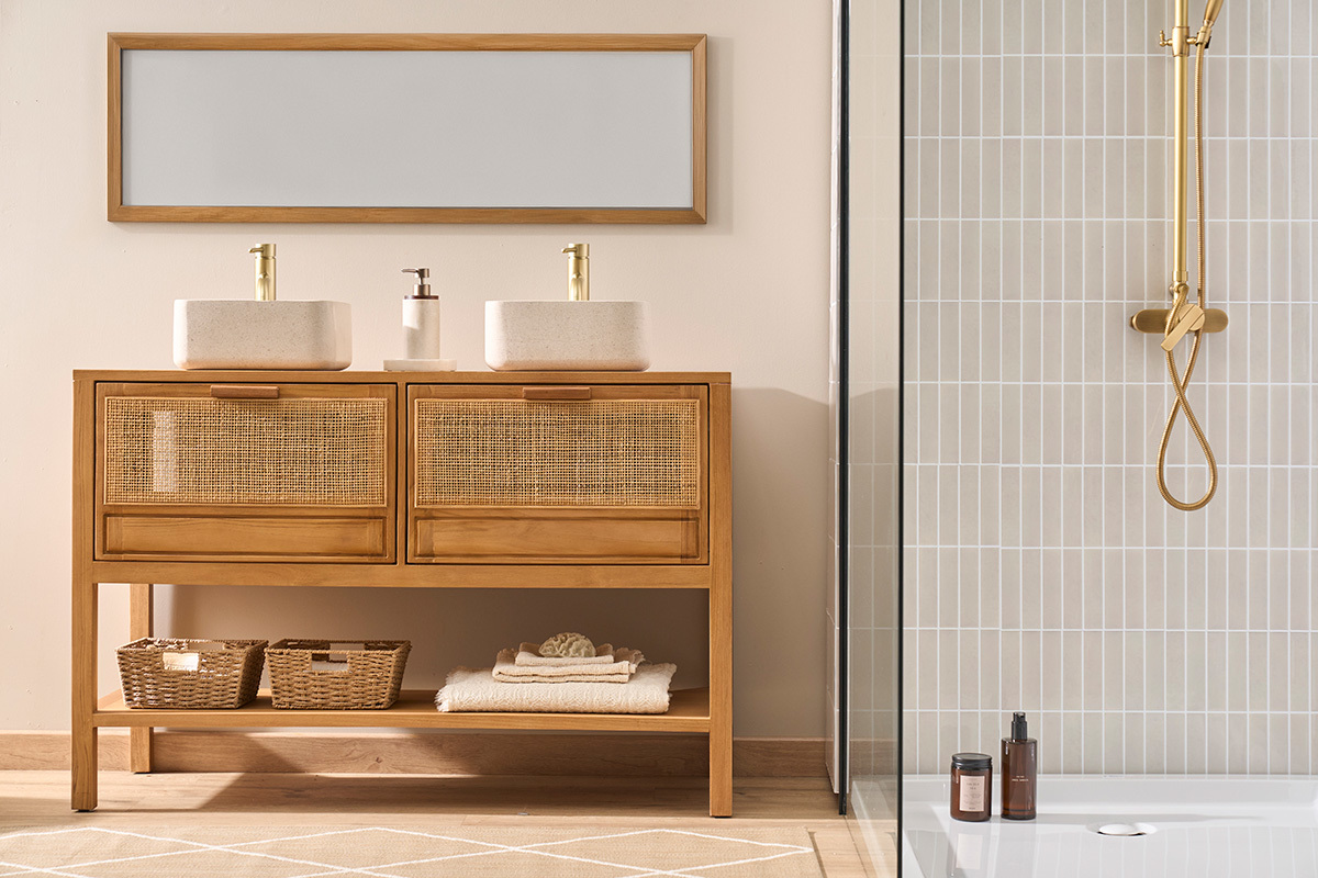 Mobile da bagno in legno massello di teak e intreccio in rattan L120 cm RIVO