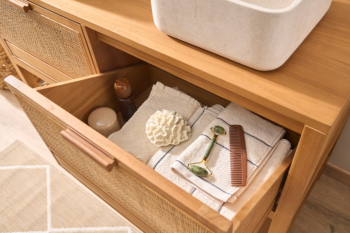 Mobile da bagno in legno massello di teak e intreccio in rattan L120 cm RIVO