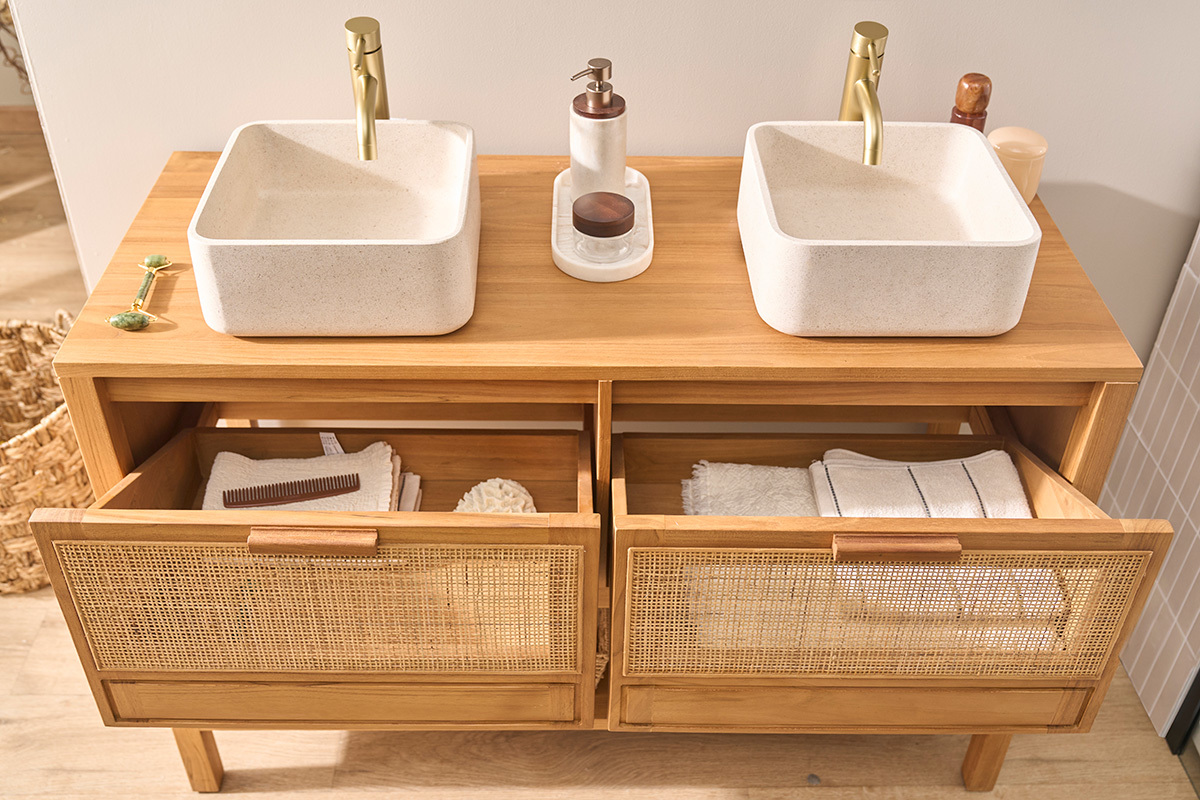 Mobile da bagno in legno massello di teak e intreccio in rattan L120 cm RIVO