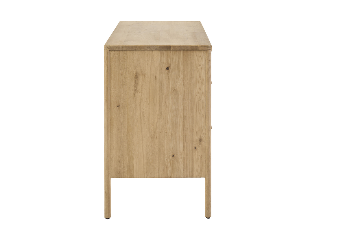 Mobile da bagno in legno di rovere massello, vista laterale, con sei cassetti e gambe in rovere massello.