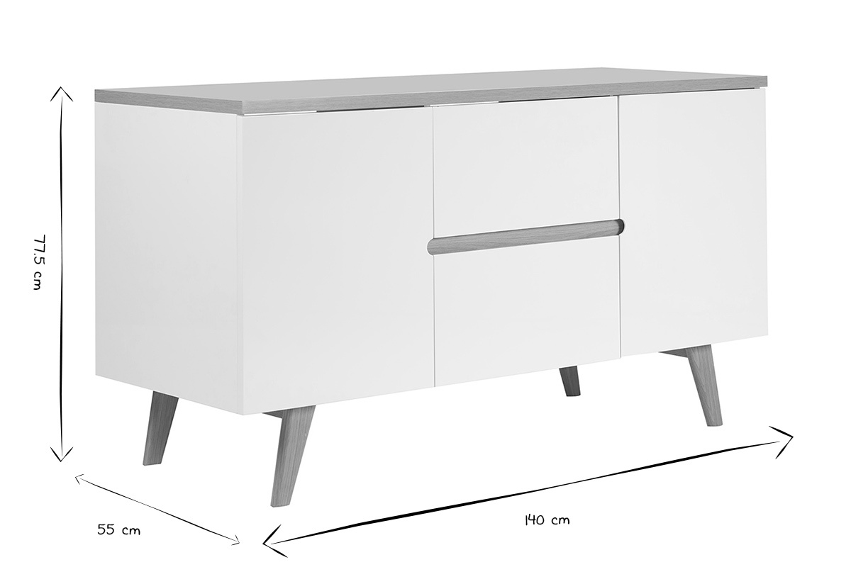 Dimensioni del mobile da bagno MELKA in bianco e nero: L140 cm x P55 cm x H77.5 cm