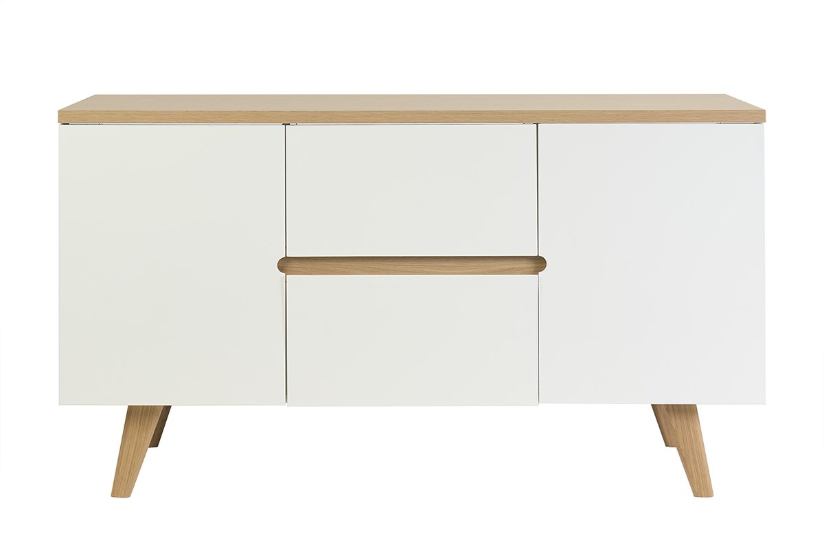 Mobile da bagno bianco laccato lucido e legno chiaro, vista frontale