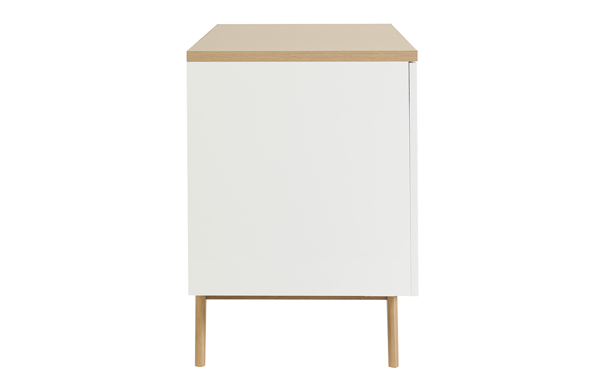 Mobile da bagno bianco laccato lucido con piano in legno chiaro, vista laterale