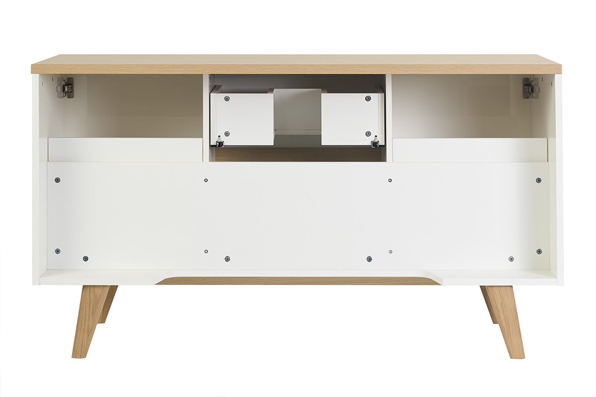 Mobile da bagno laccato bianco e legno chiaro, vista posteriore con cassetti aperti e vano contenitore integrato.