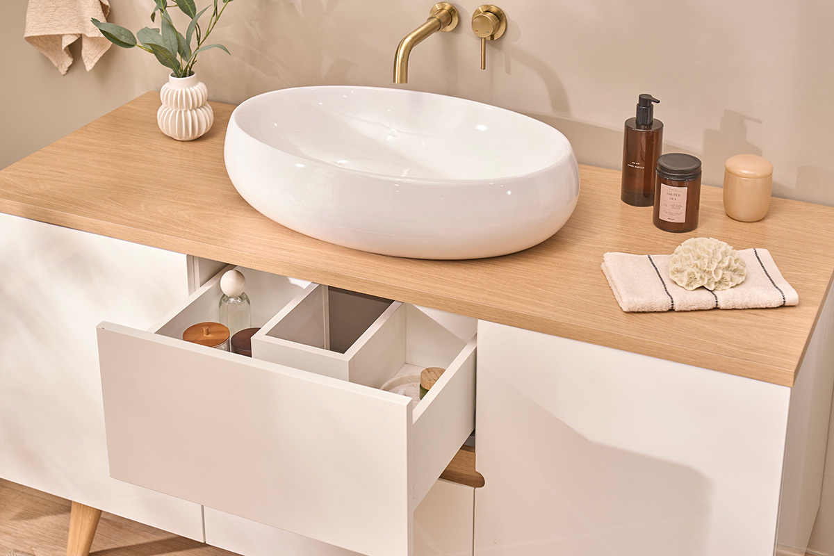 Mobile da bagno laccato bianco lucido e legno chiaro L140 cm MELKA