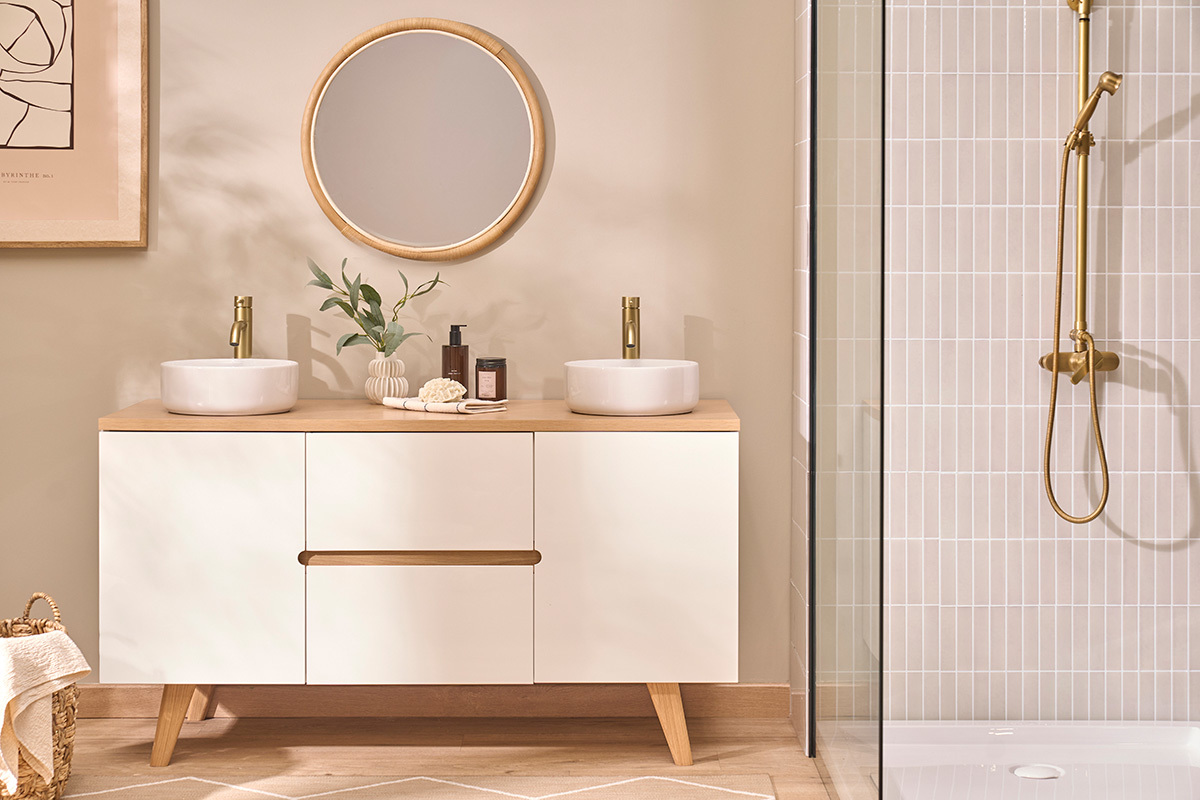 Mobile da bagno laccato bianco lucido e legno chiaro L140 cm MELKA