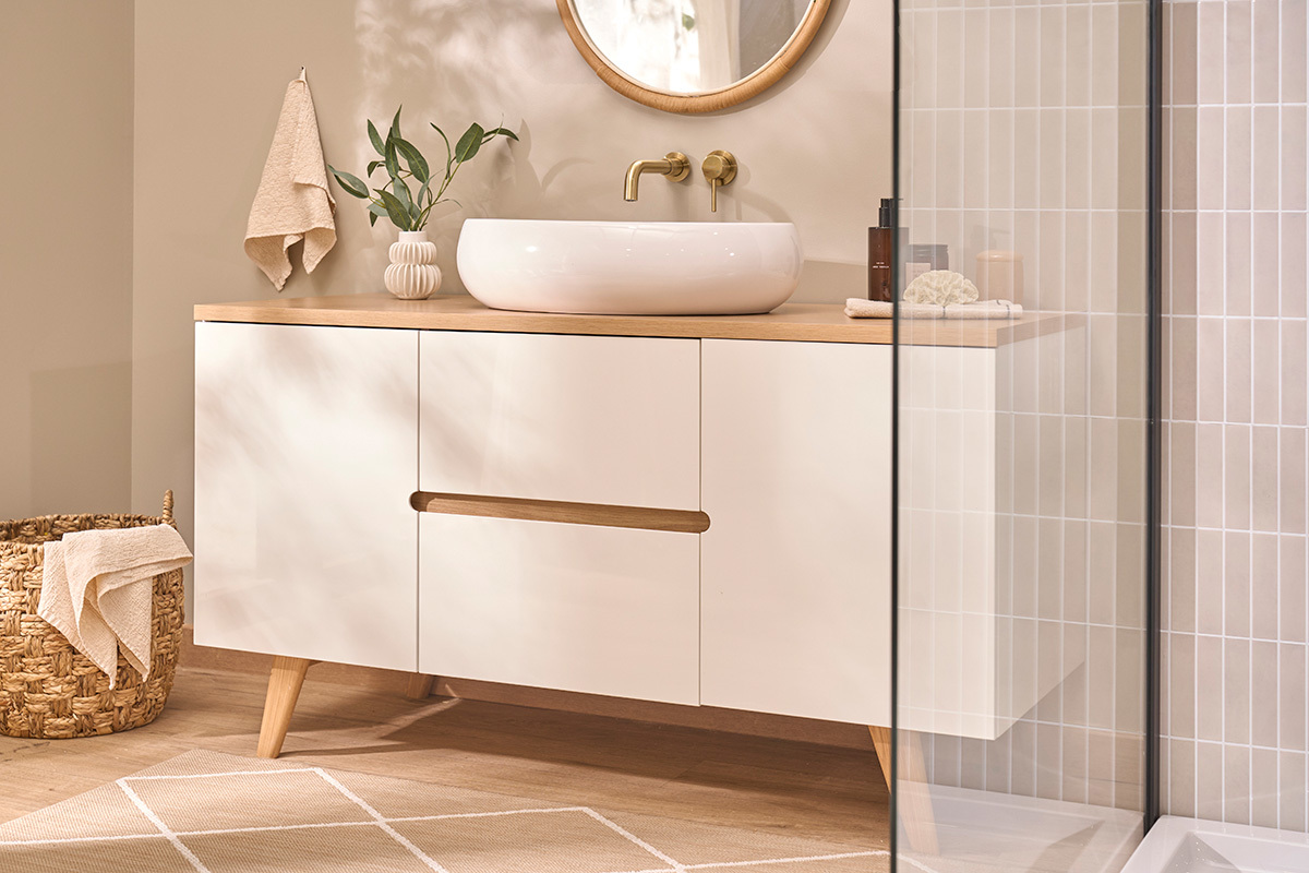 Mobile da bagno laccato bianco lucido e legno chiaro L140 cm MELKA
