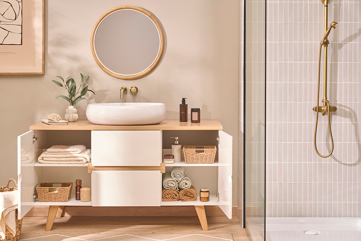 Mobile da bagno laccato bianco lucido e legno chiaro L140 cm MELKA