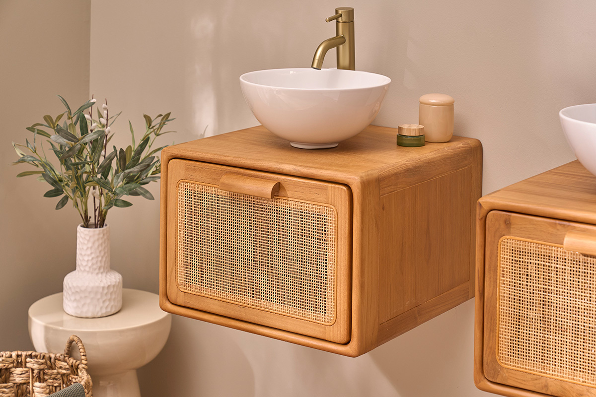 Mobile da bagno sospeso in legno di teak massello e cannettato in rattan L50 cm BALIA