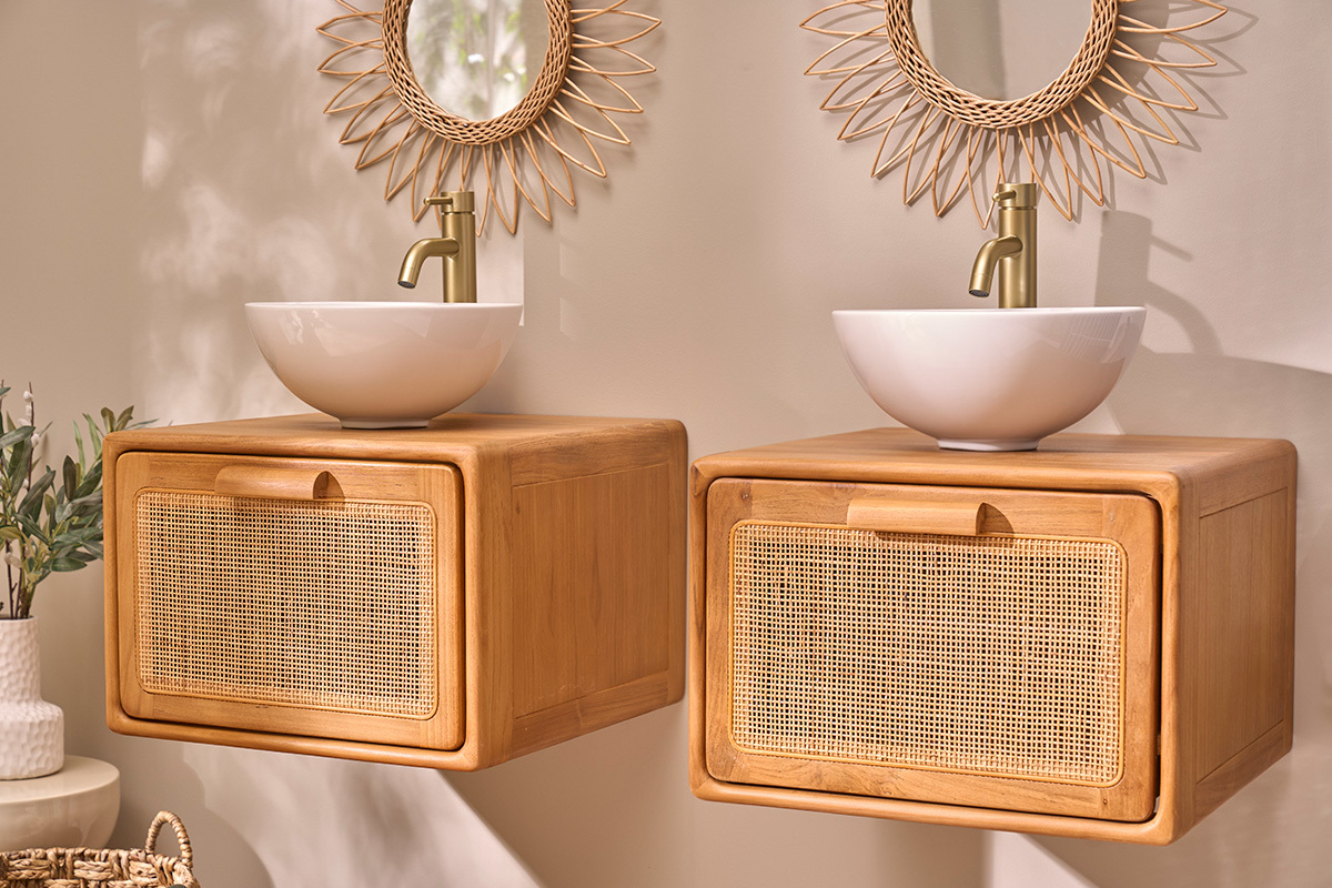 Mobile da bagno sospeso in legno di teak massello e cannettato in rattan L50 cm BALIA
