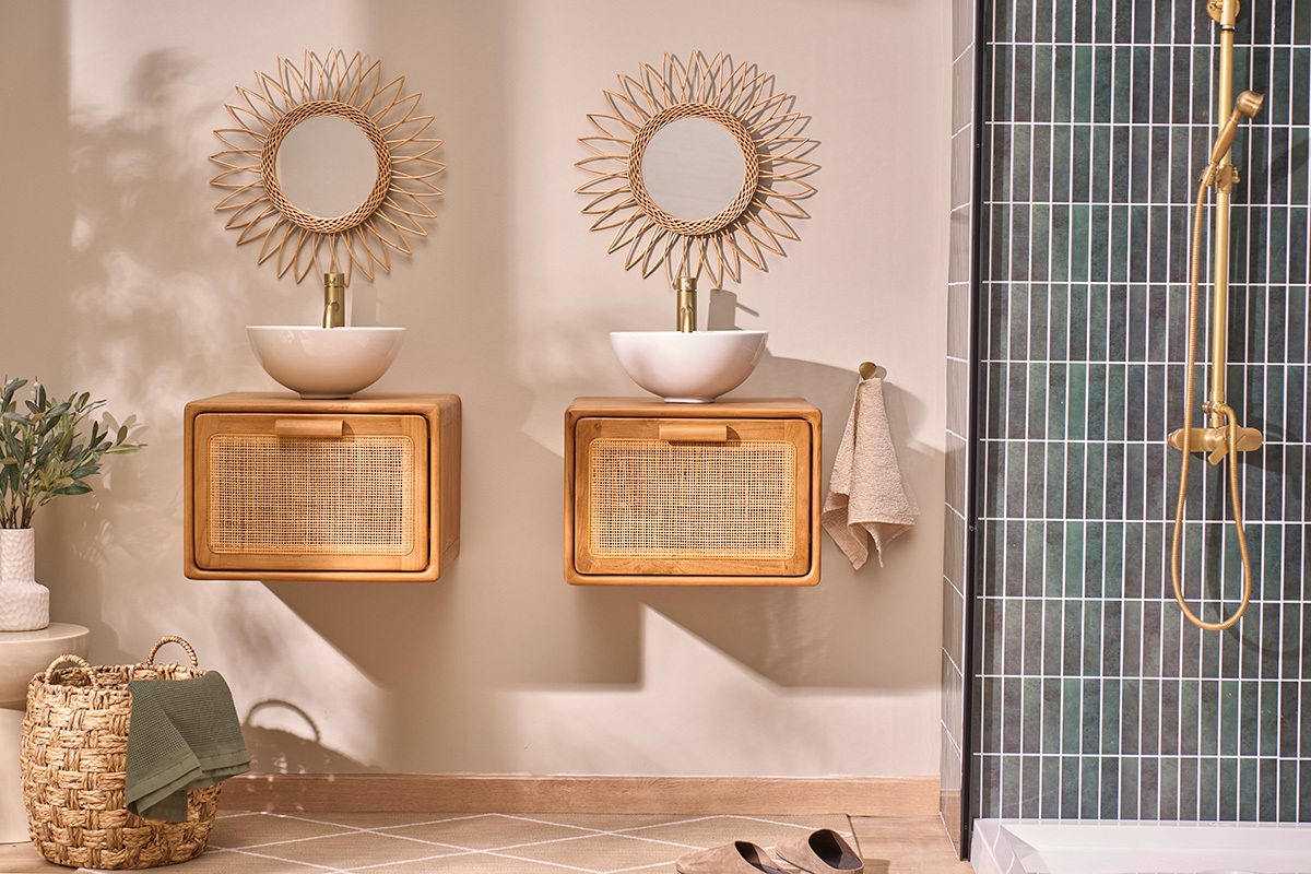 Mobile da bagno sospeso in legno di teak massello e cannettato in rattan L50 cm BALIA