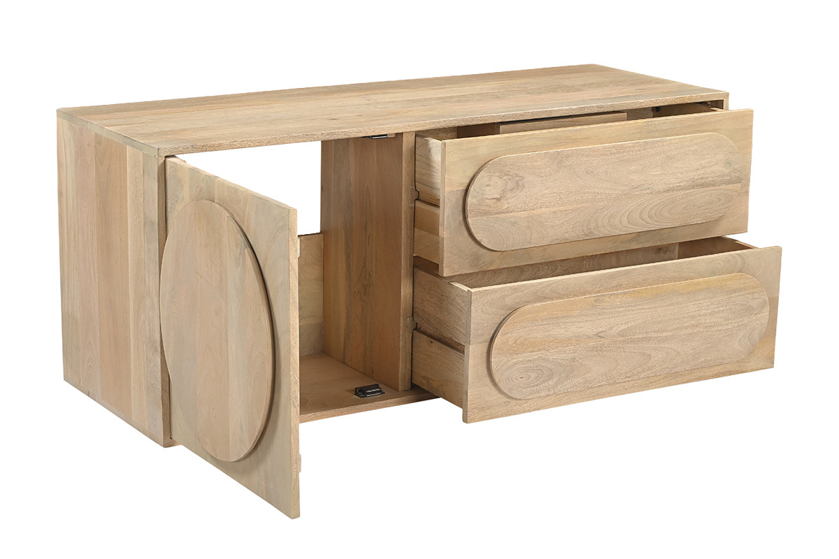 Mobile da bagno sospeso in legno massello di mango con cassetti aperti, vista a 3/4