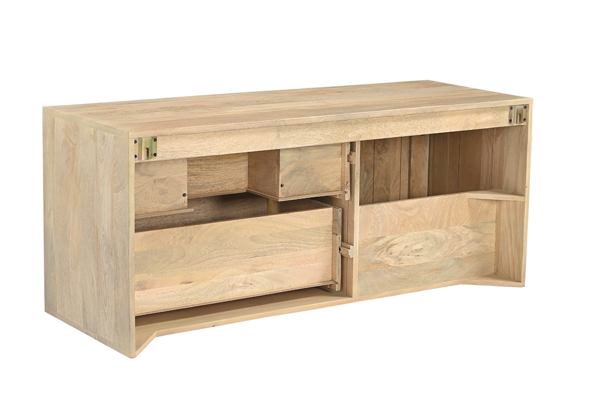 Mobile da bagno sospeso in legno massello di mango, vista posteriore con cassetti aperti.