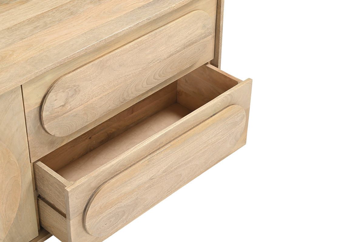 Mobile da bagno sospeso in legno massello di mango con cassetti aperti, vista da vicino