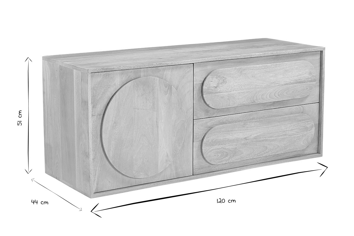 Mobile bagno sospeso in legno massello di mango con dimensioni in nero e bianco: L120 x P44 x H51 cm.