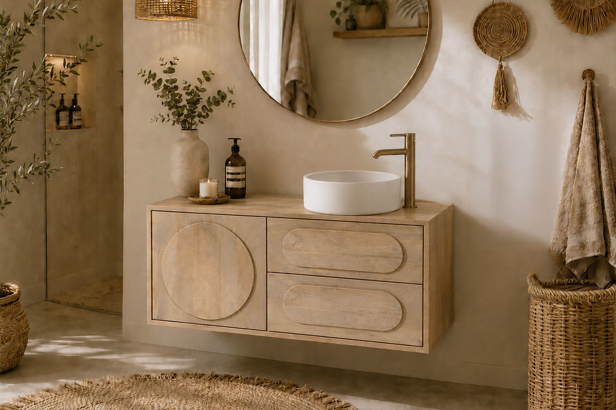 Mobile da bagno sospeso in legno massello di mango L120 cm SLAPPA