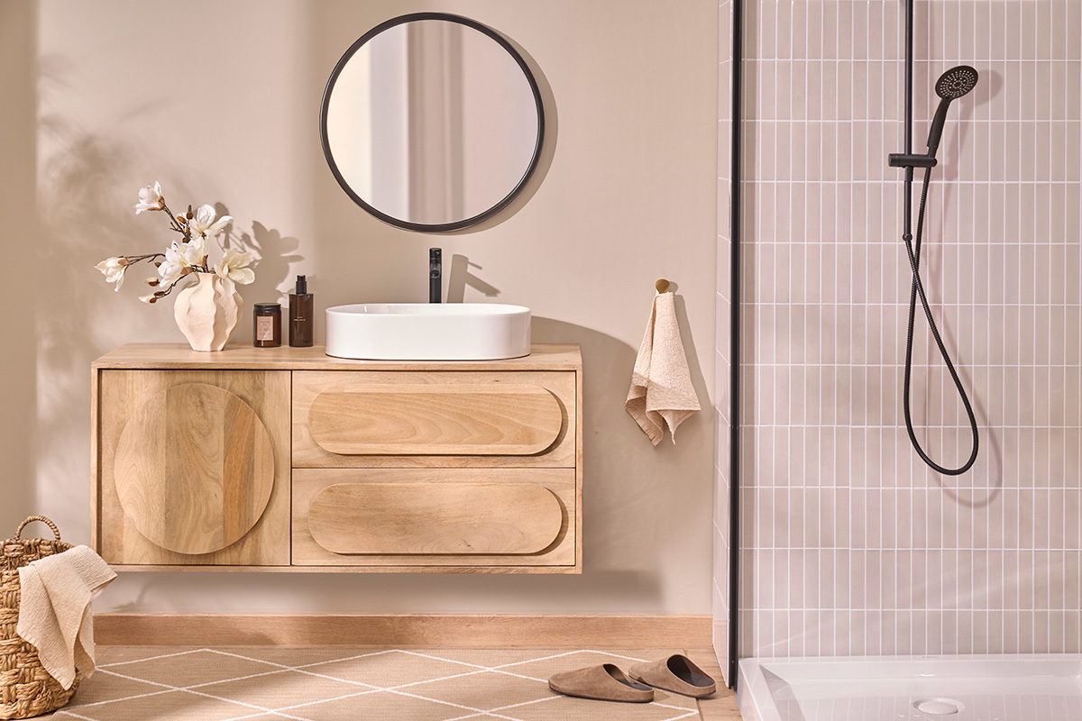 Mobile da bagno sospeso in legno massello di mango L120 cm SLAPPA