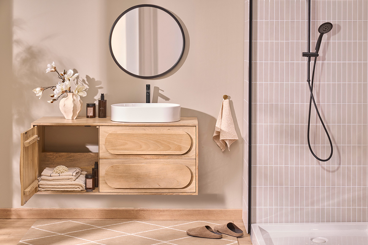 Mobile da bagno sospeso in legno massello di mango L120 cm SLAPPA