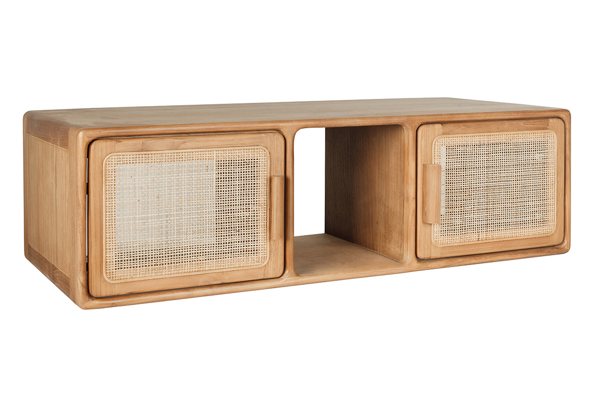 Mobile da bagno sospeso in legno massello di teak e intreccio in rattan L120 cm BALIA