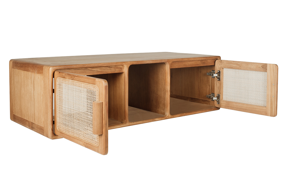 Mobile da bagno sospeso in legno massello di teak e intreccio in rattan L120 cm BALIA
