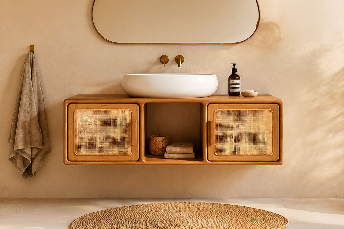 Mobile da bagno sospeso in legno massello di teak e intreccio in rattan L120 cm BALIA