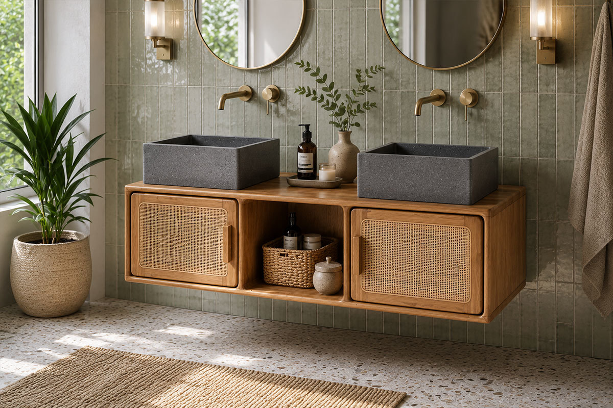 Mobile da bagno sospeso in legno massello di teak e intreccio in rattan L120 cm BALIA
