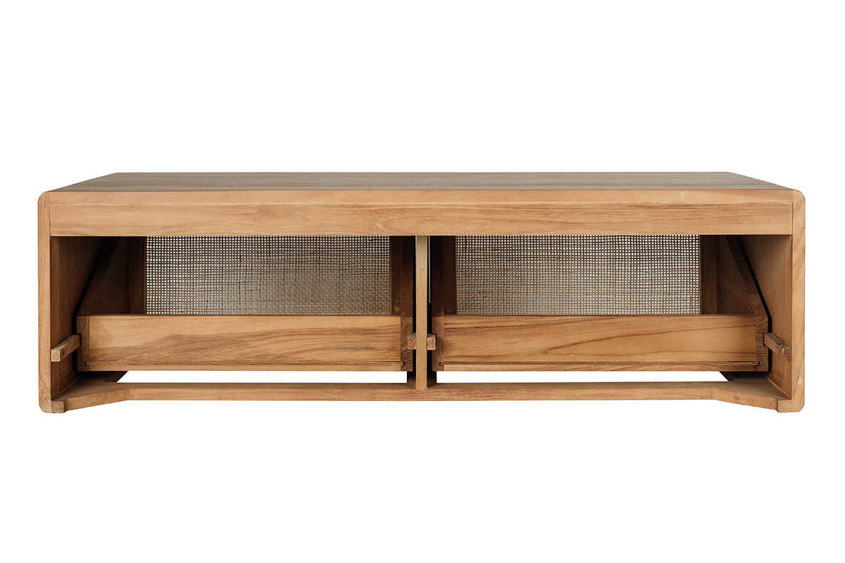 Mobile da bagno sospeso in legno teak con intreccio in rattan, vista posteriore.