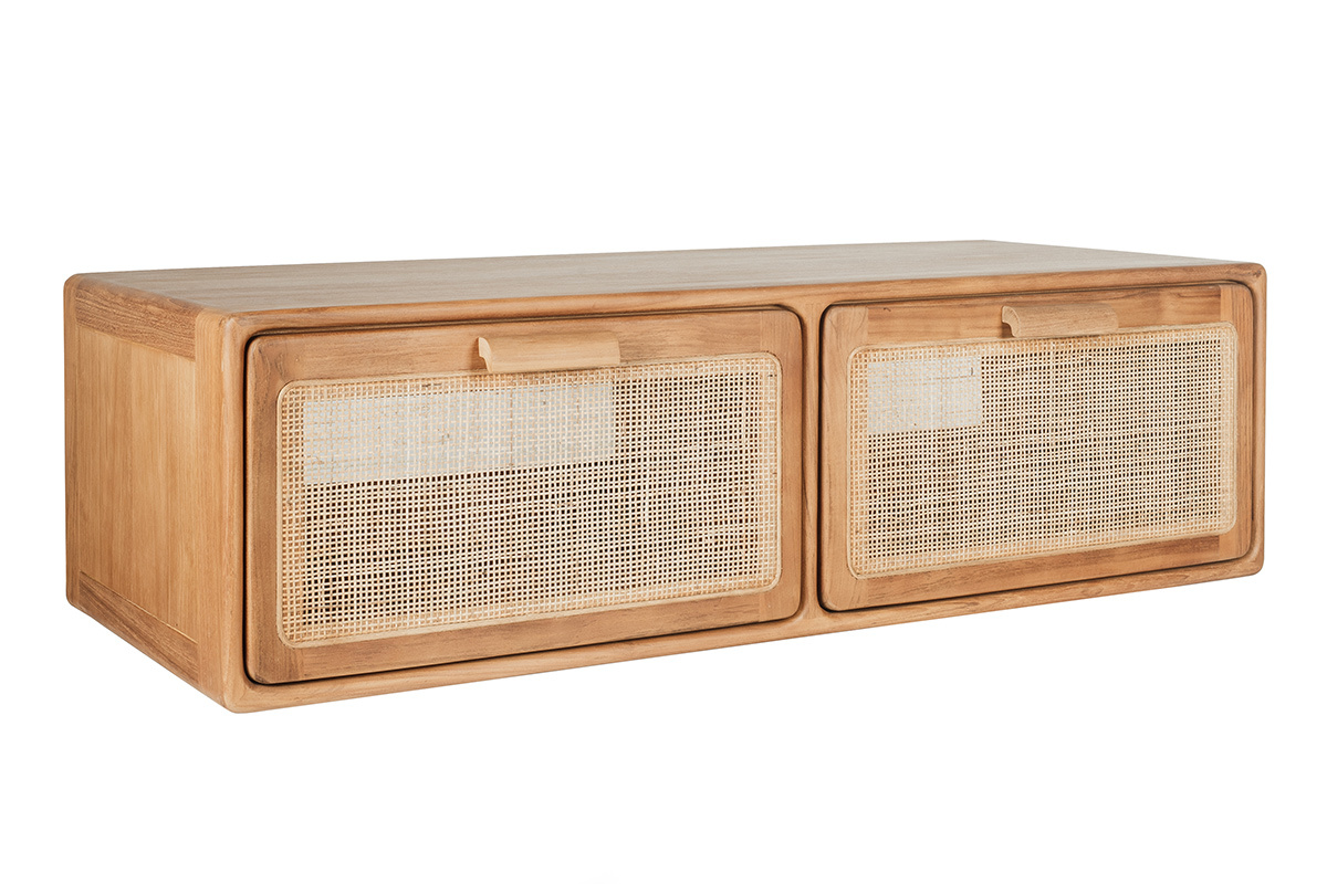 Mobile da bagno sospeso in teak massello con frontali in cannage, vista a 3/4.