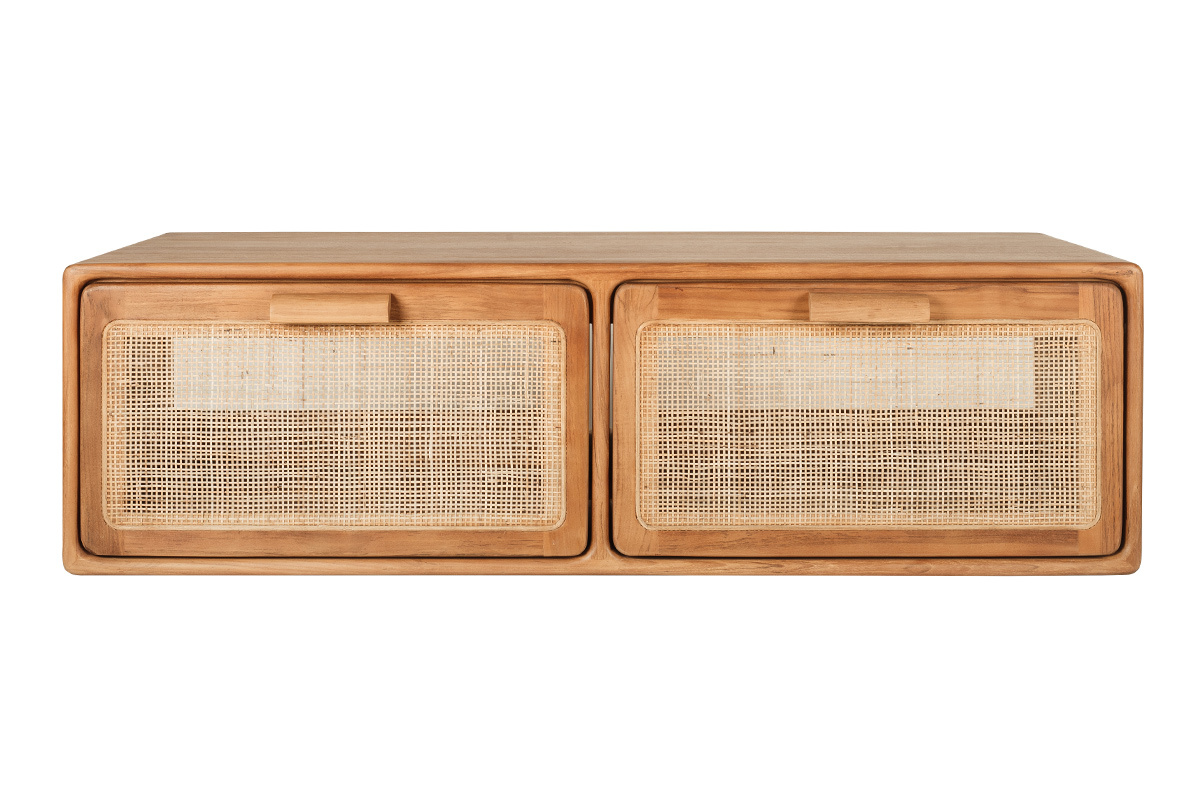 Mobiletto da bagno sospeso in legno massello di teak con frontale in canna di rattan, vista frontale.