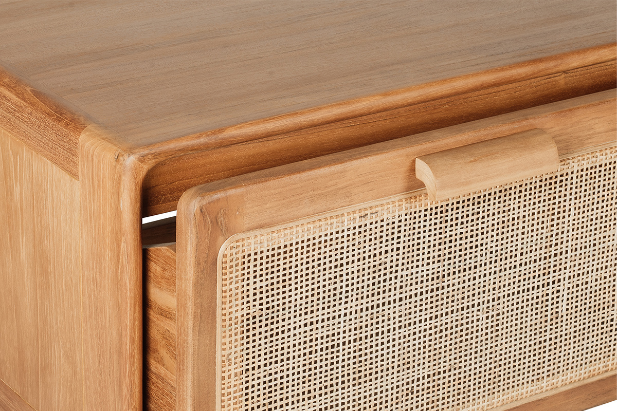 Mobile da bagno sospeso in teak massiccio con frontale in cannage di rattan, vista dettagliata