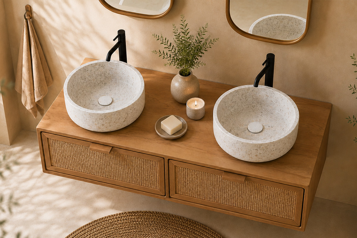 Mobile da bagno sospeso in legno massello di teak e intreccio in rattan L120 cm BALIA