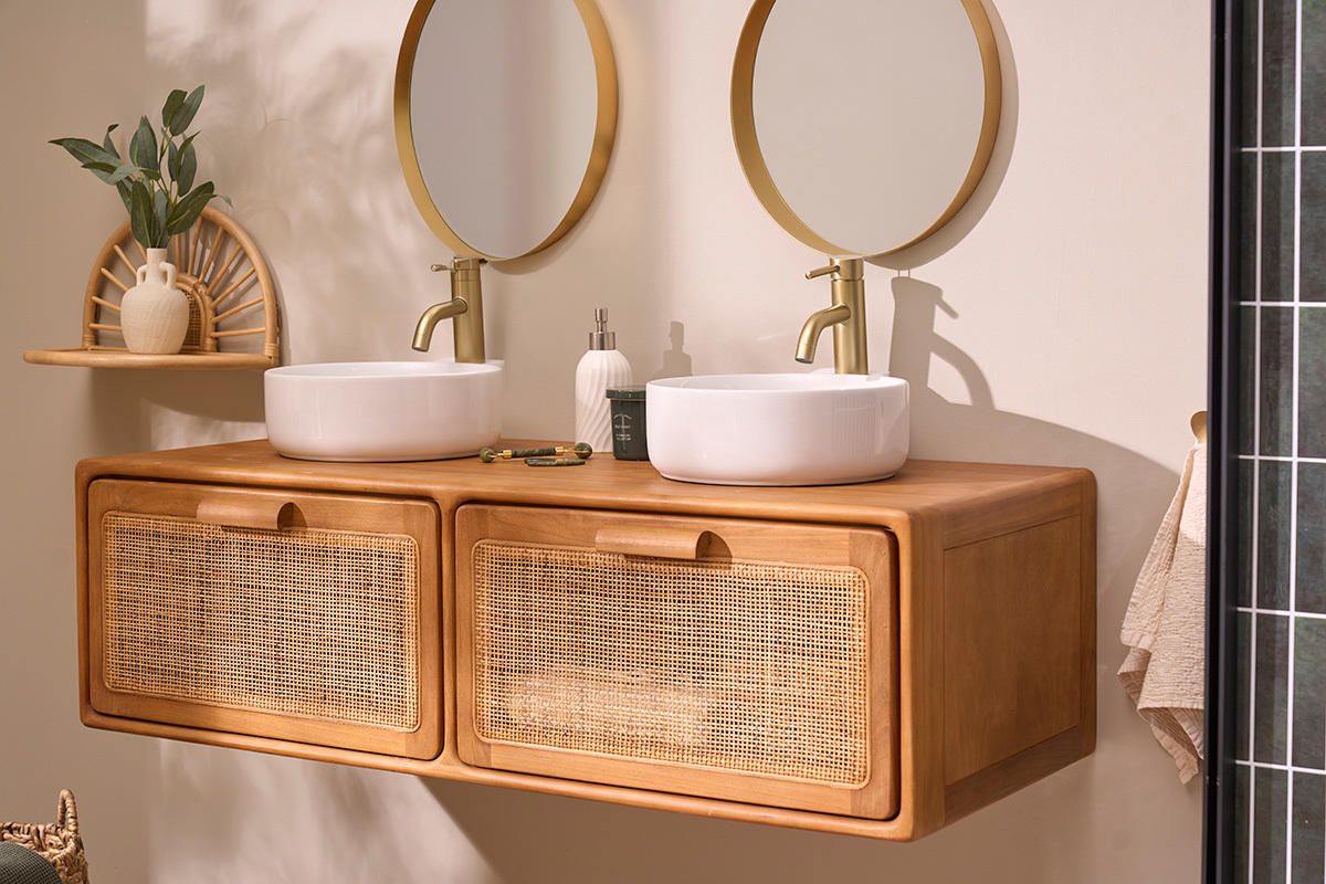 Mobile da bagno sospeso in legno massello di teak e intreccio in rattan L120 cm BALIA