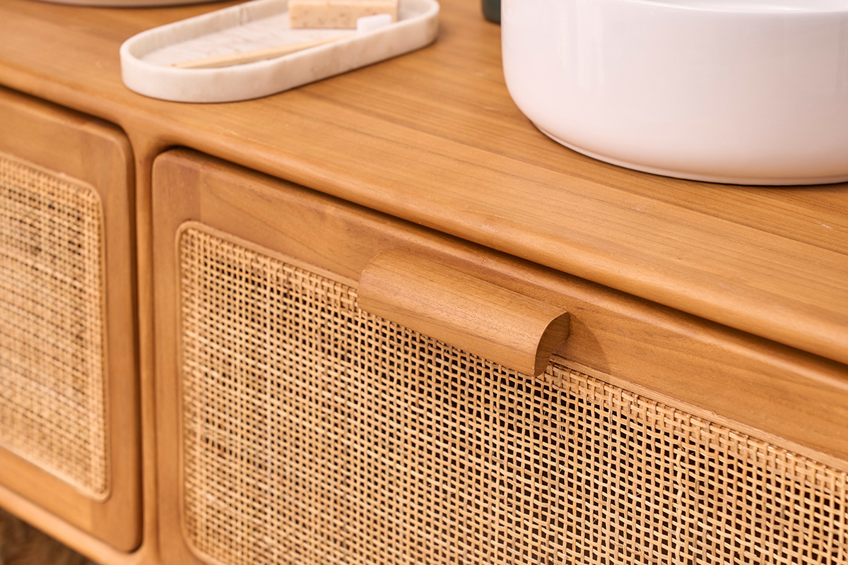 Mobile da bagno sospeso in legno massello di teak e intreccio in rattan L120 cm BALIA