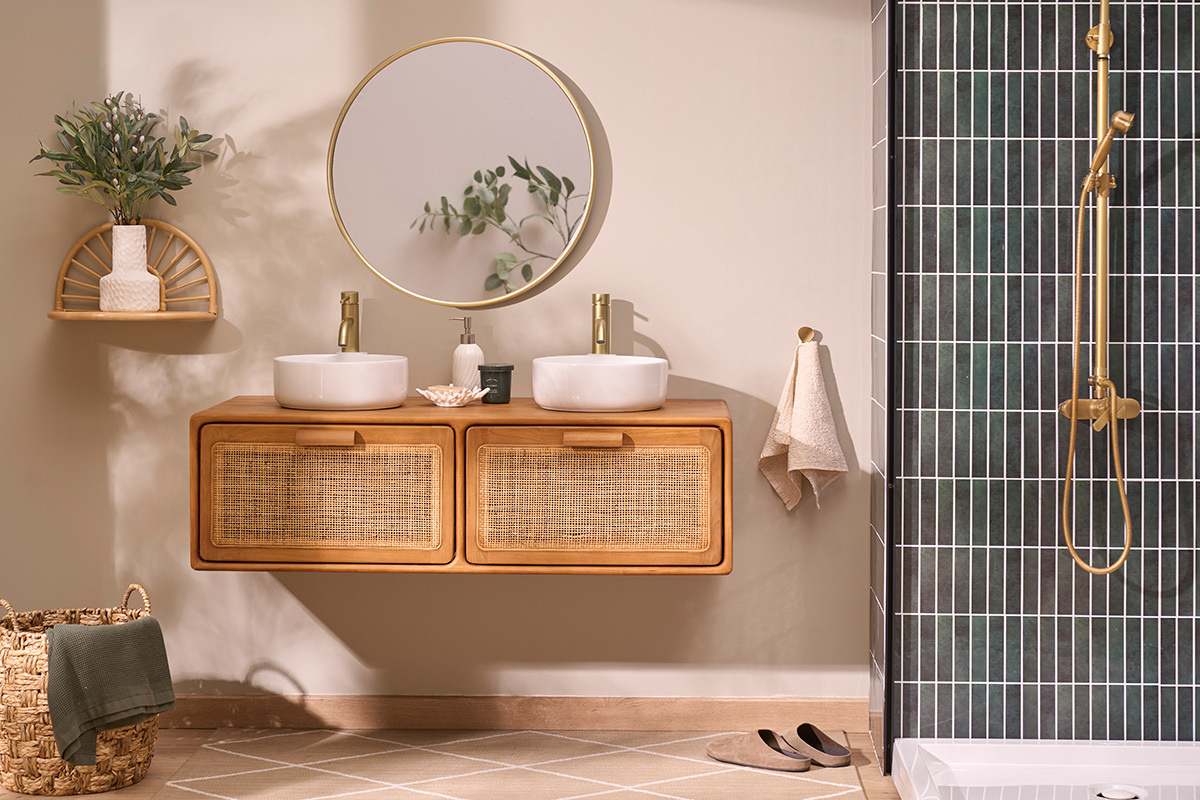 Mobile da bagno sospeso in legno massello di teak e intreccio in rattan L120 cm BALIA