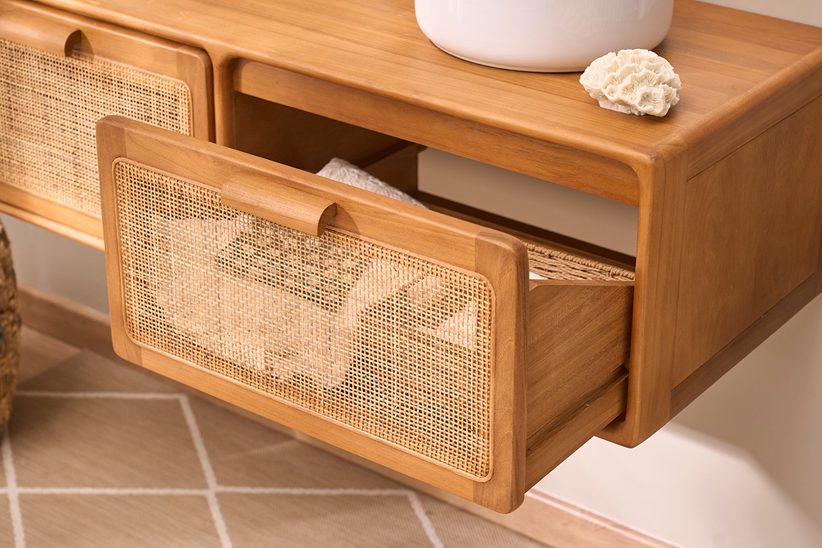 Mobile da bagno sospeso in legno massello di teak e intreccio in rattan L120 cm BALIA
