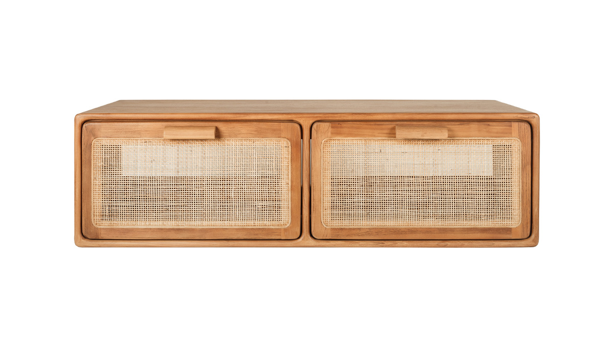 Mobile da bagno sospeso in legno massello di teak e intreccio in rattan L120 cm BALIA